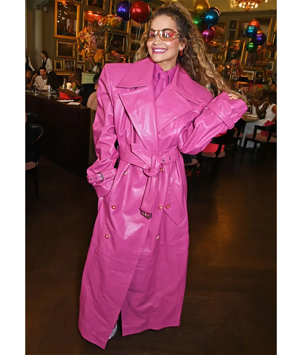 Rita Ora Pink Leather Wrap Coat