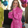 Rita Ora Pink Leather Wrap Coat