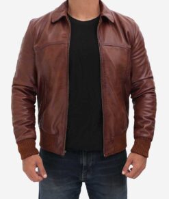 Noah Men's Dark Brown MA-1 Bomber Leather Jacket - Dark Brown MA-1 Bomber Leather Jacket for Men - Front View