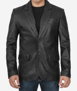 Tenzen Men's Black Leather Blazer - Black Leather Blazer for Men - Front View