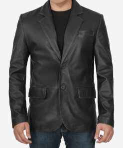 Tenzen Men's Black Leather Blazer - Black Leather Blazer for Men - Front View