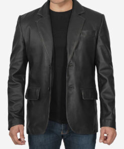 Tenzen Men's Black Leather Blazer - Black Leather Blazer for Men - Front Open VieW