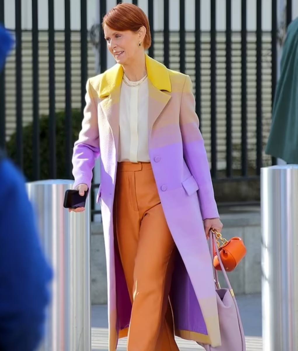 And Just Like That Cynthia Nixon Colorful Trench Coat