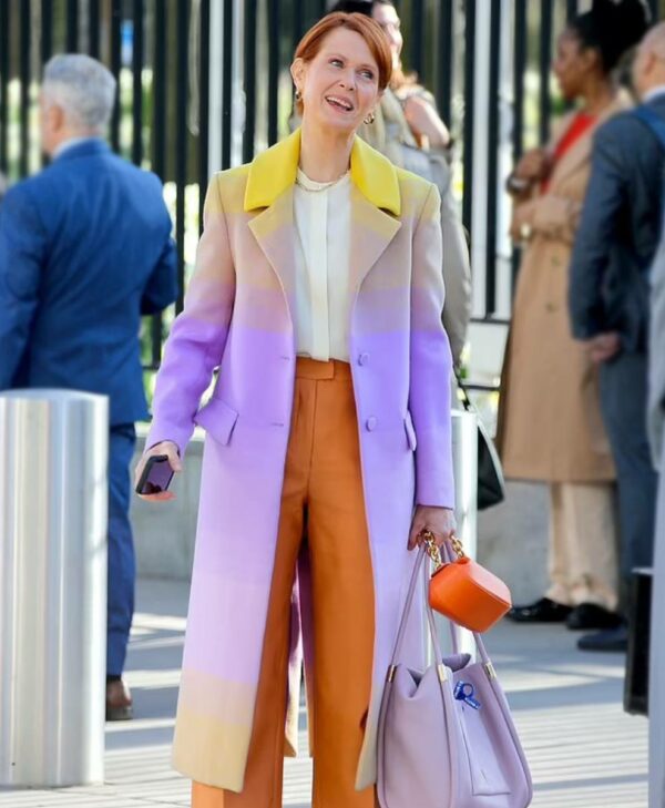 And Just Like That Cynthia Nixon Colorful Trench Coat