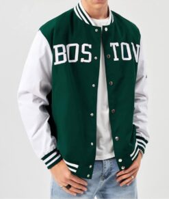 Celtics Bomber Jacket White And Green - Varsity Jacket Boston Celtics | Men's Wool Jacket With Pu Sleeves Varsity Jacket