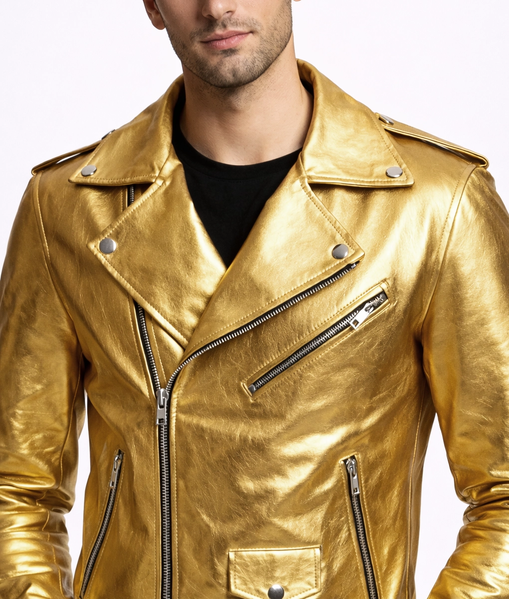 Clark Mens Gold Metallic Leather Biker Jacket | NYC Jackets