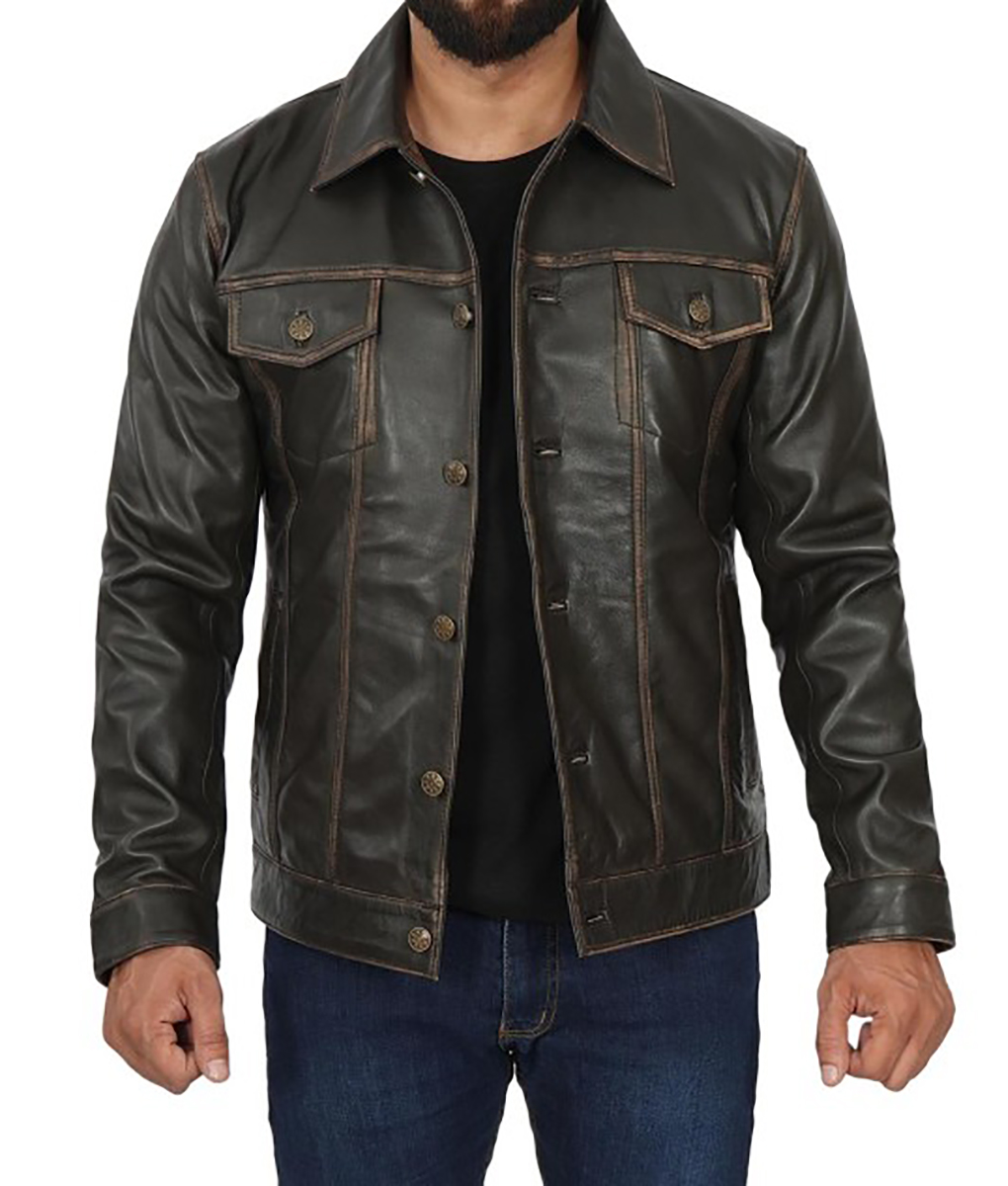 Cleveland Mens Dark Brown Leather Trucker Jacket