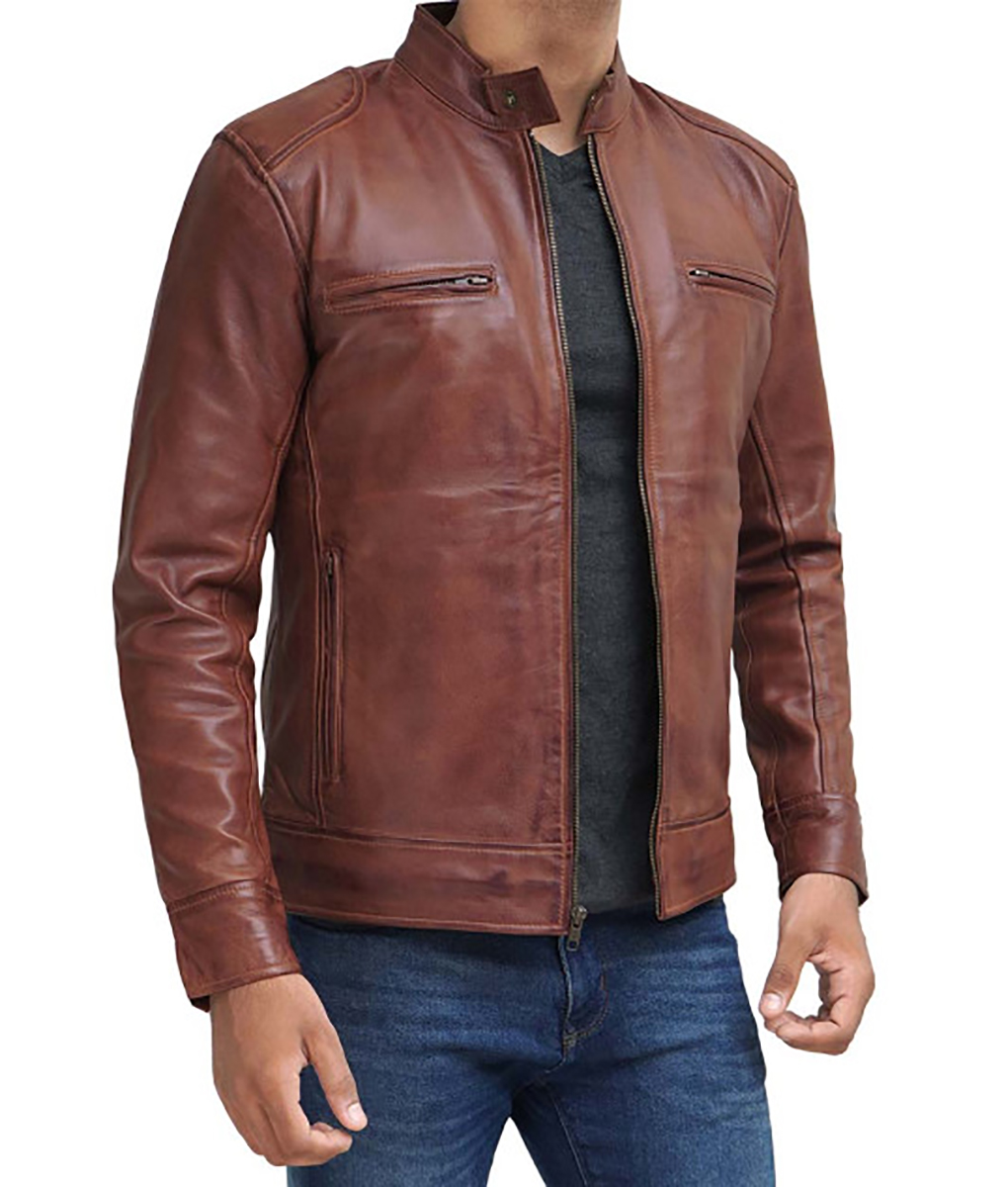 Garfield Mens Brown Cafe Racer Leather Jacket