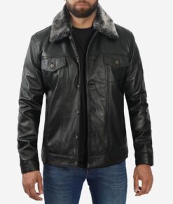 Gekin Men's Black Trucker Leather Jacket - Black Trucker Leather Jacket for Men - Front View