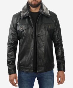 Gekin Men's Black Trucker Leather Jacket - Black Trucker Leather Jacket for Men - Front View