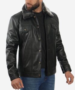 Gekin Men's Black Trucker Leather Jacket - Black Trucker Leather Jacket for Men - Right Side VieW