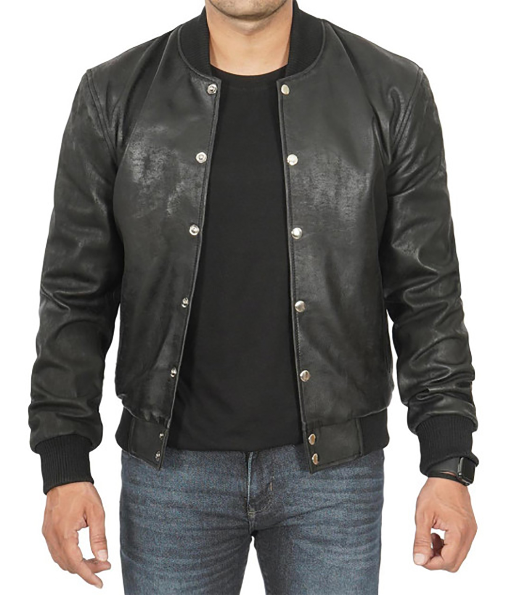 Grant Mens Black Leather Letterman Jacket
