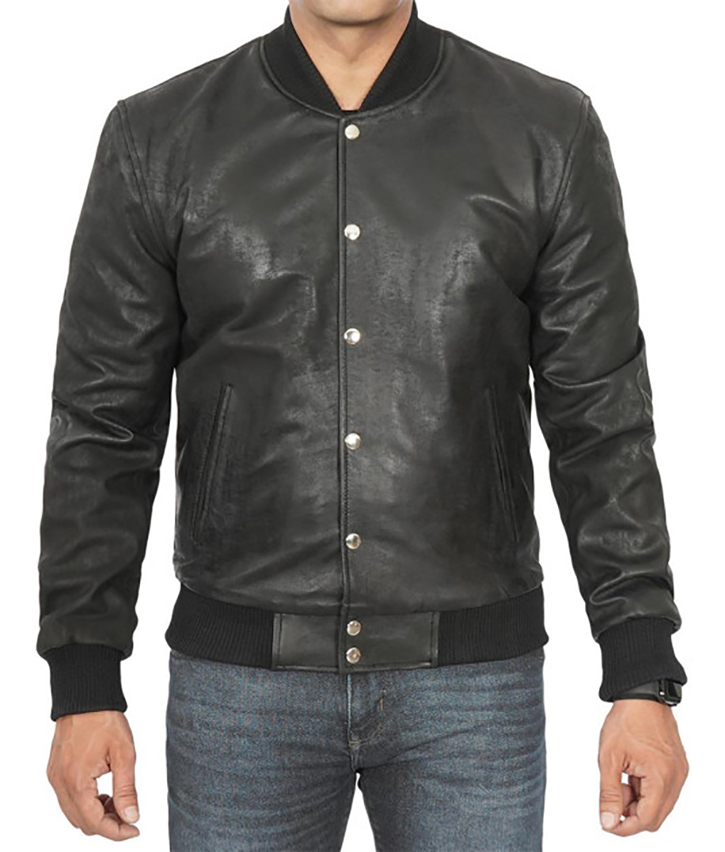 Grant Mens Black Leather Letterman Jacket