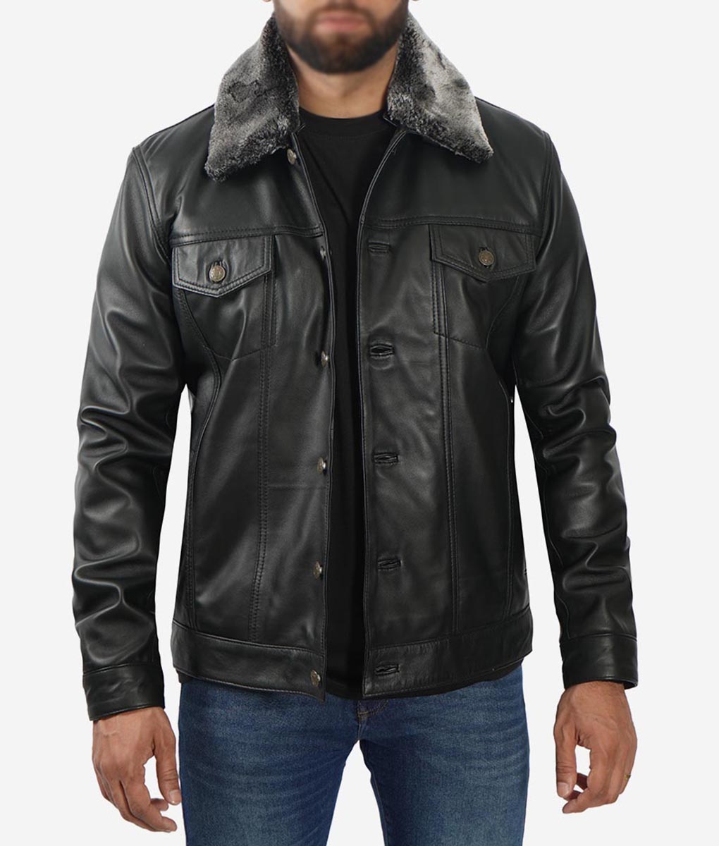 Gunther Mens Black Shearling Collar Leather Jacket