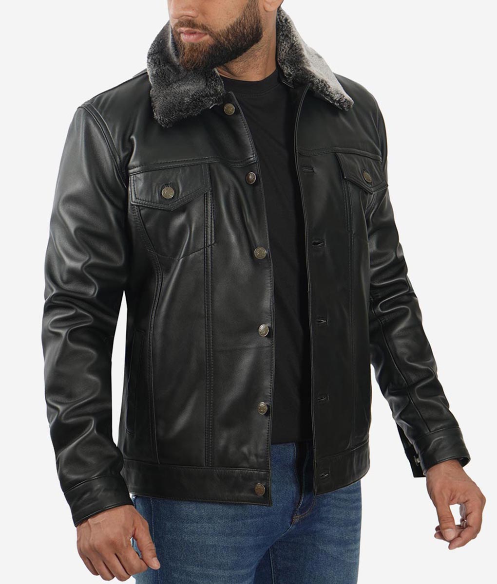 Gunther Mens Black Shearling Collar Leather Jacket