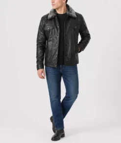 Gunther Men's Black Trucker Shearling Leather Jacket-Front