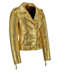 Jessica Womens Gold Metallic Leather Biker Jacket