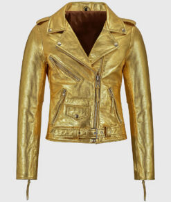 Katherine Women's Golden Metallic Leather Biker Jacket - Golden Metallic Leather Biker Jacket for Women - Front View