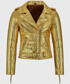 Katherine Women's Golden Metallic Leather Biker Jacket - Golden Metallic Leather Biker Jacket for Women - Front View