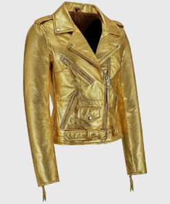 Katherine Women's Golden Metallic Leather Biker Jacket - Golden Metallic Leather Biker Jacket for Women - Side View