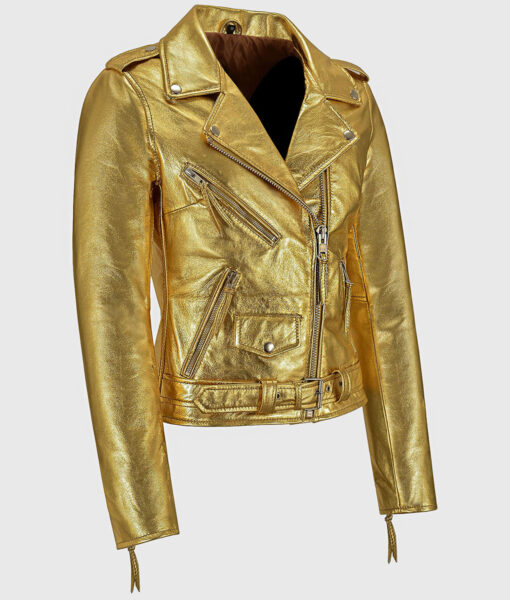 Katherine Women's Golden Metallic Leather Biker Jacket - Golden Metallic Leather Biker Jacket for Women - Side View