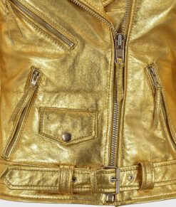 Katherine Women's Golden Metallic Leather Biker Jacket - Golden Metallic Leather Biker Jacket for Women - Zipper Closeup View