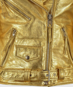 Katherine Women's Golden Metallic Leather Biker Jacket - Golden Metallic Leather Biker Jacket for Women - Zipper Closeup View
