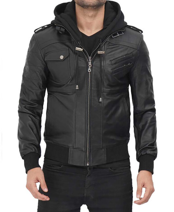 Martin Mens Black Hooded Leather Jacket
