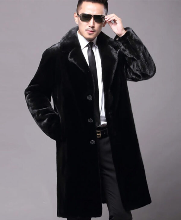 Men Long Faux Fur Black Coat
