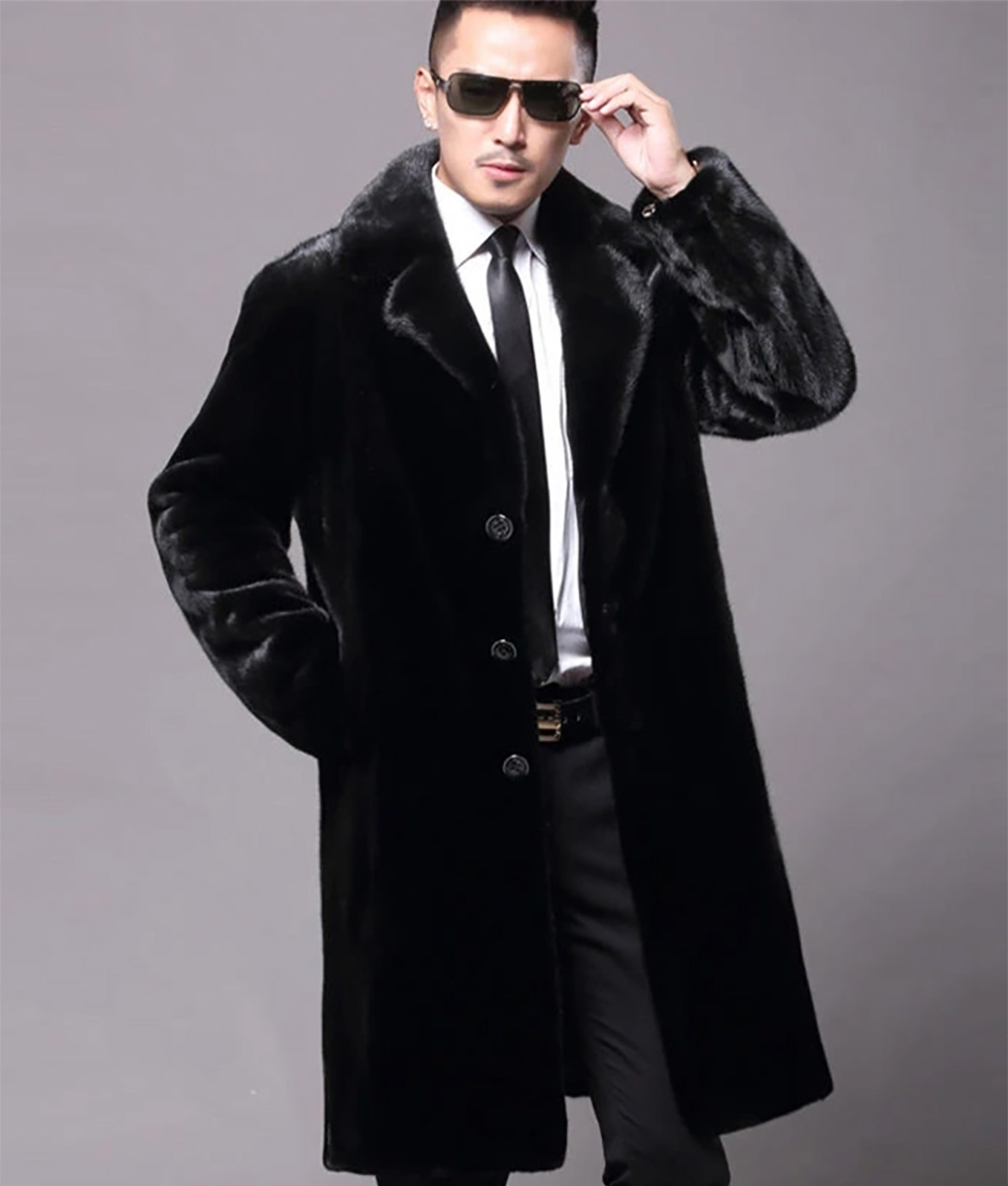 Men Long Faux Fur Black Coat