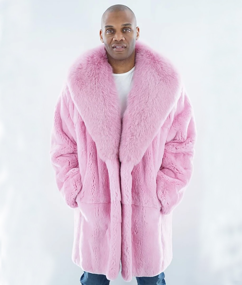 Men Long Fur Pink Coat with Lapel Style Collars