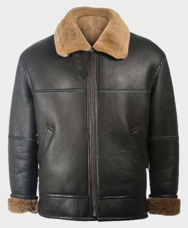 Men's Black Sheepskin Leather Jacket with Fur Collar