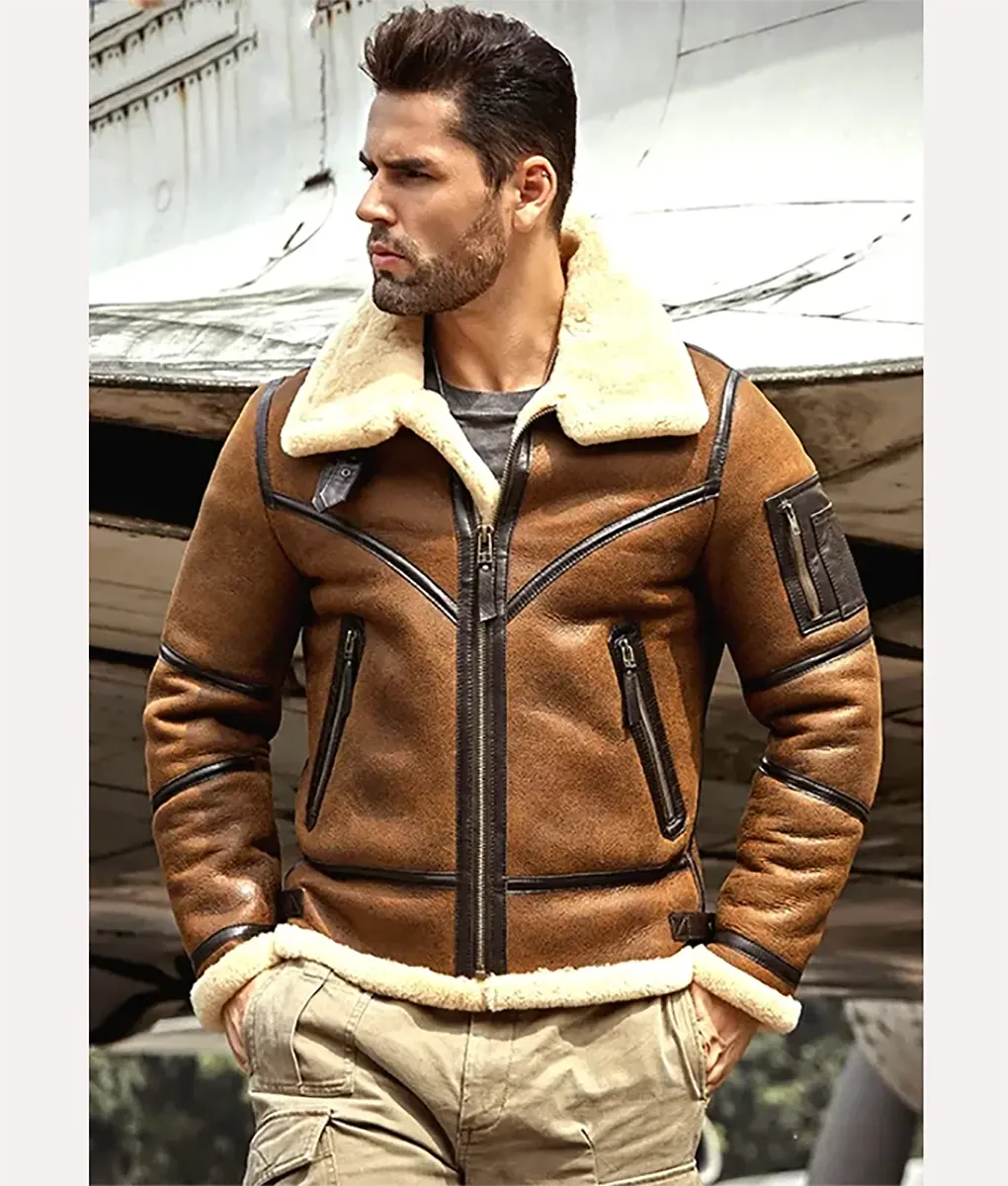 Men's Brown Sheepskin Zippered Leather Jacket