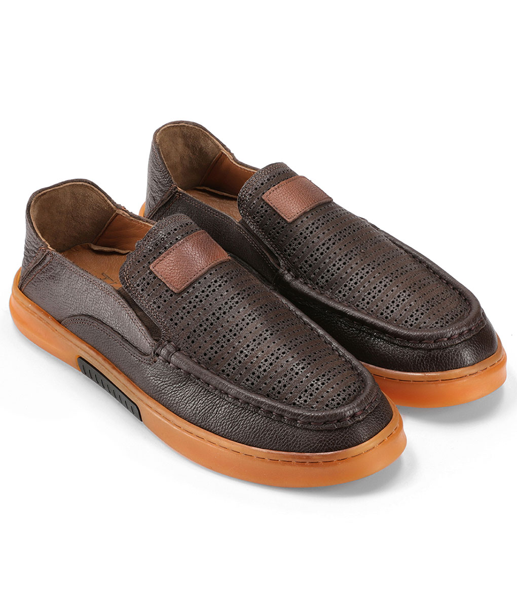 Men's Dotted Brown Leather Shoes with Brown Sole