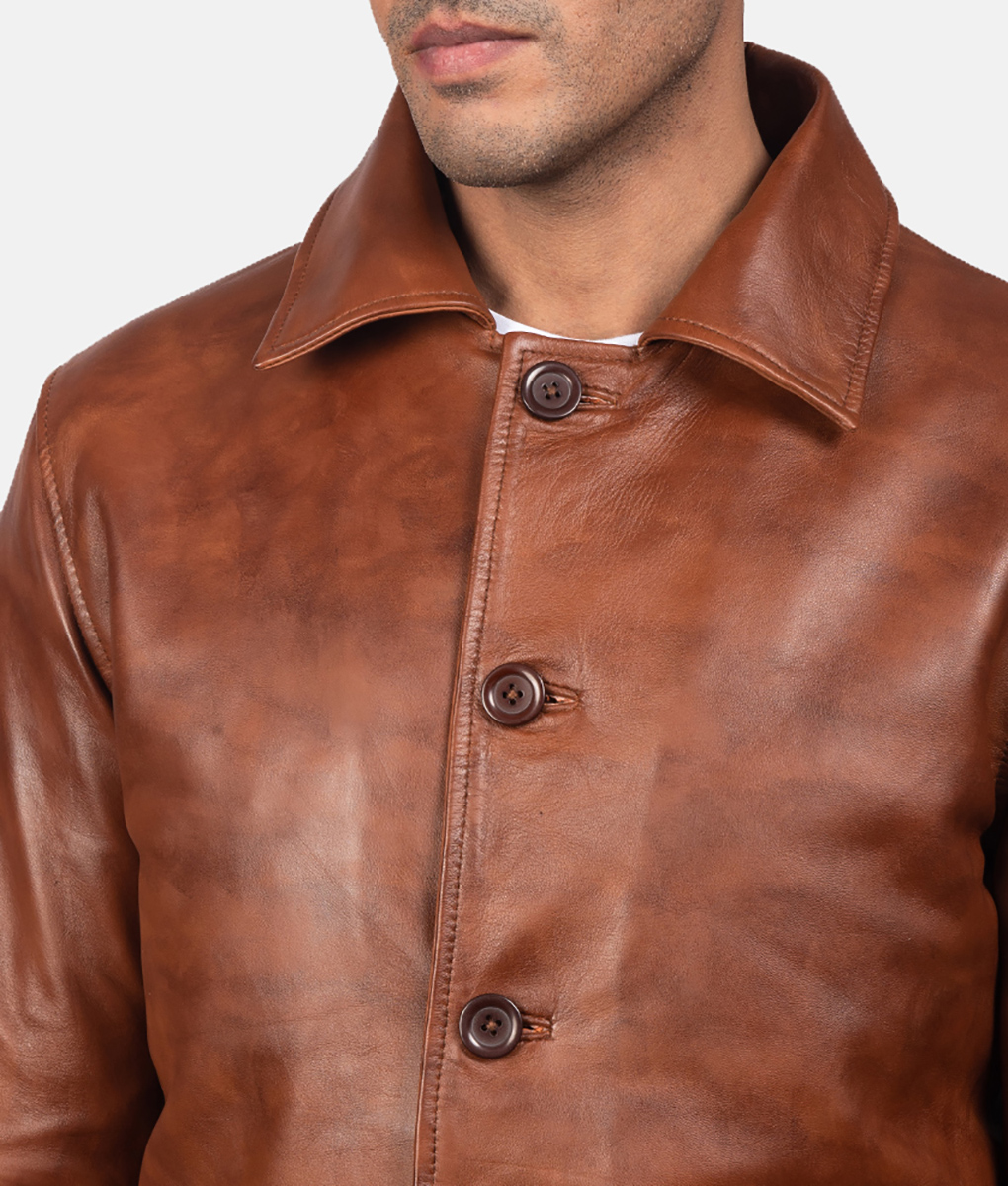 Parker Mens Brown Buttoned Leather Jacket