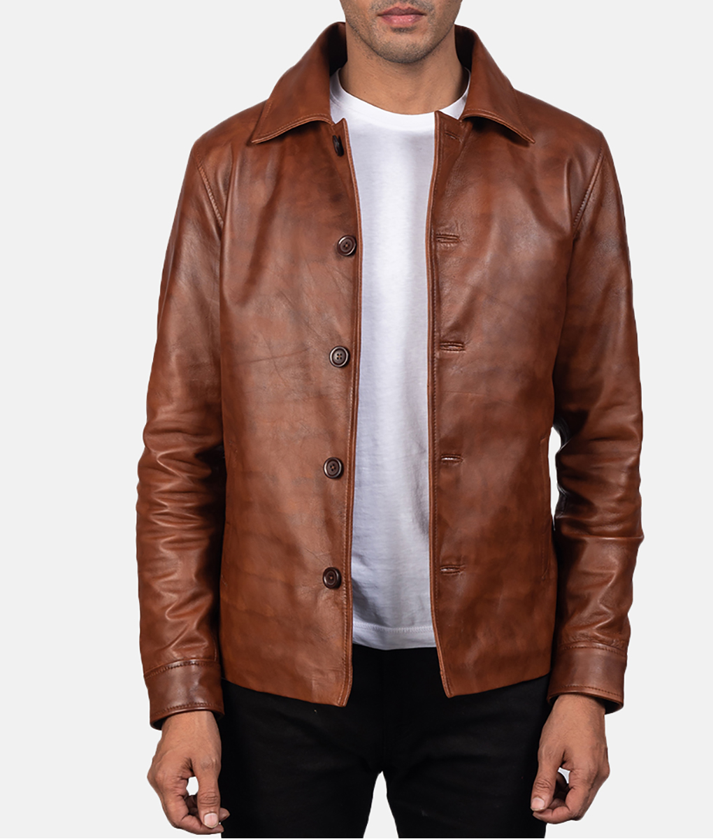 Parker Mens Brown Buttoned Leather Jacket