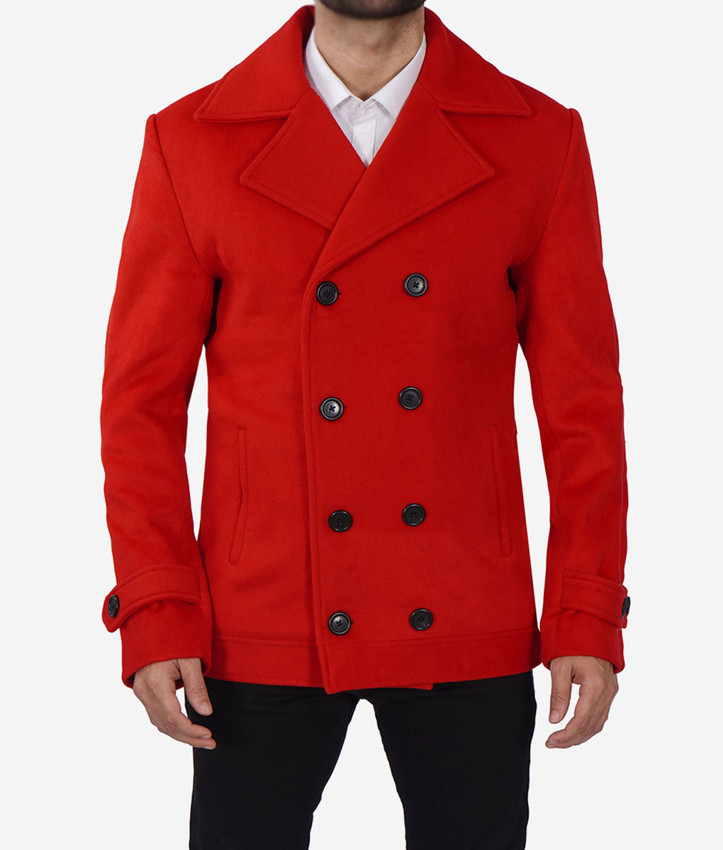 Robert Mens Red Double-Breasted Wool Pea Coat