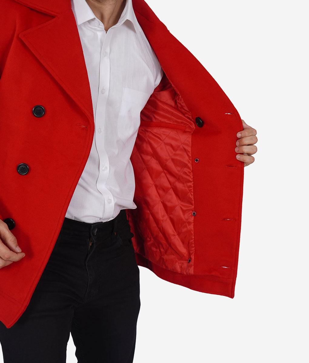 Robert Mens Red Double-Breasted Wool Pea Coat