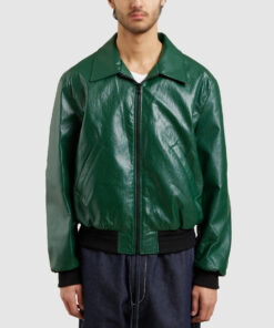 Thorian Mens Green Leather Bomber Jacket - Green Leather Bomber Jacket for Mens - Front View