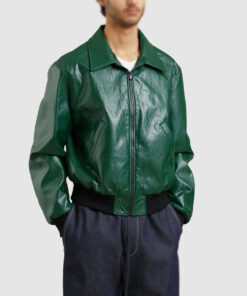 Thorian Mens Green Leather Bomber Jacket - Green Leather Bomber Jacket for Mens - Side View2