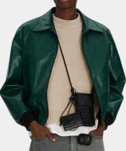 Thorian Mens Green Leather Bomber Jacket - Green Leather Bomber Jacket for Mens - Front View2