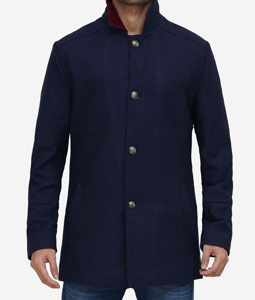 Tony Mens Navy Blue Wool Car Coat