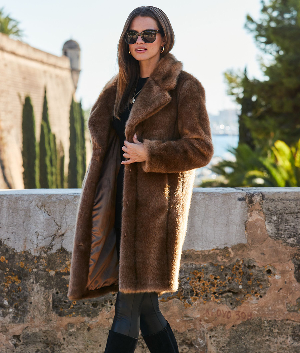 Women Long Faux Fur Brown Coat