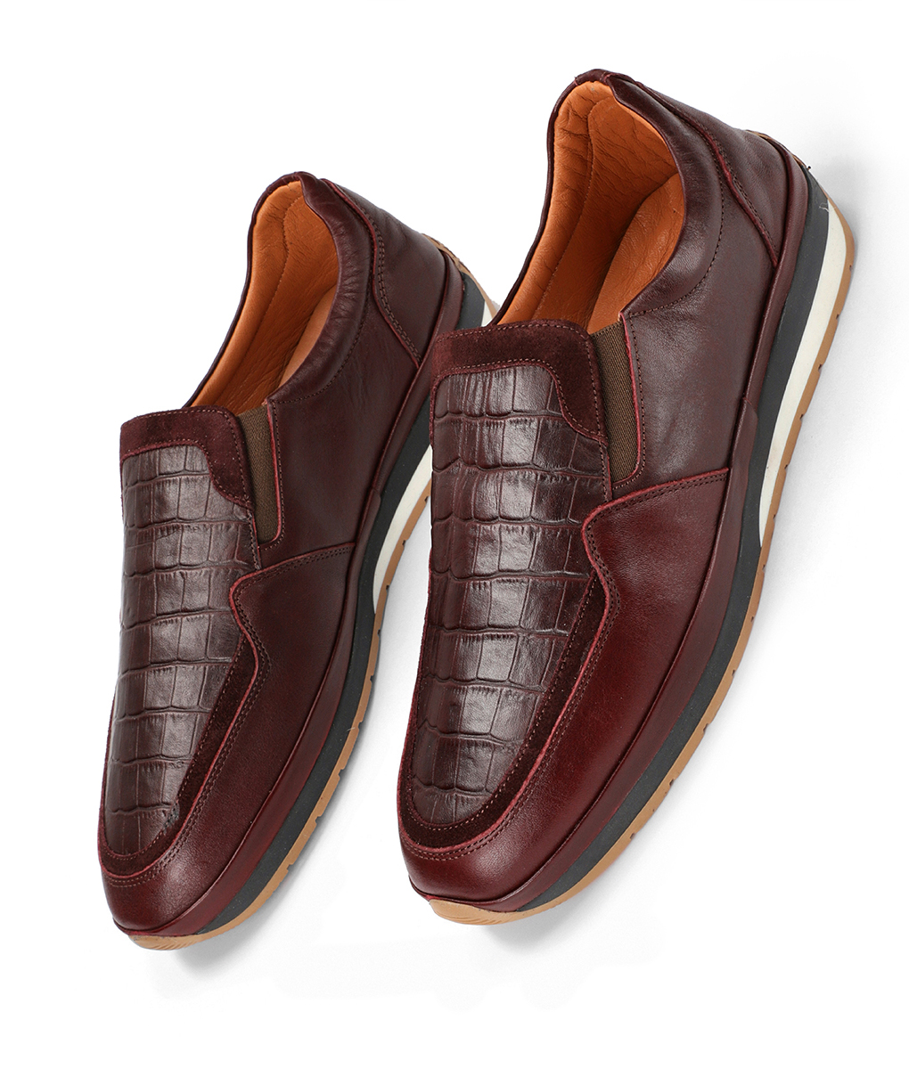 Burnished Maroon Crocodile Style Leather Shoes for Men