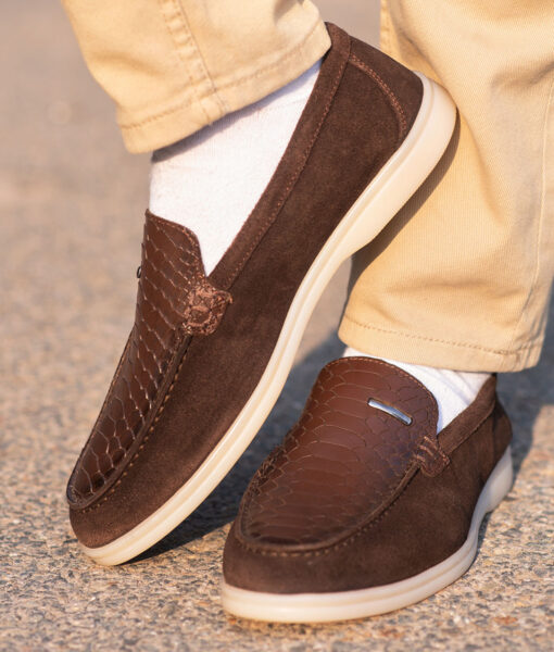 Dark Brown Crocodile Style Suede Leather Shoes for Men