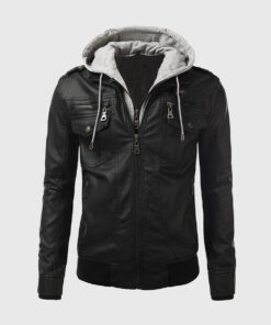 Doiley Mens Black Bomber Hooded Leather Jacket - Front View