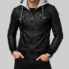 Doiley Mens Black Bomber Hooded Leather Jacket-Front Hood