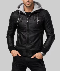 Doiley Mens Black Bomber Hooded Leather Jacket-Front Hood