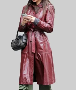 Emily Ratajkowski Burgundy Leather Coat-Side View