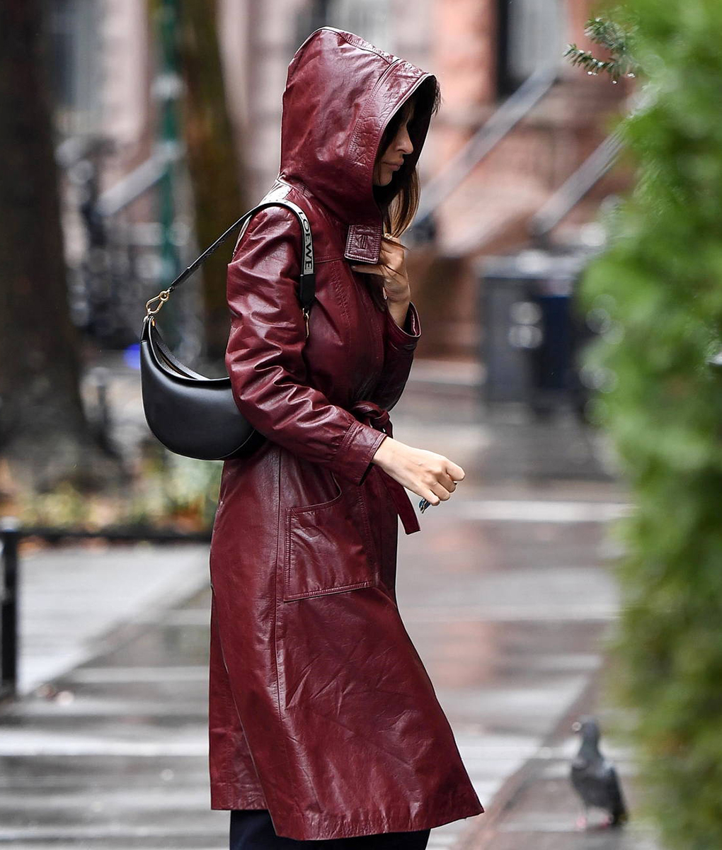 Emily Ratajkowski Burgundy Leather Coat